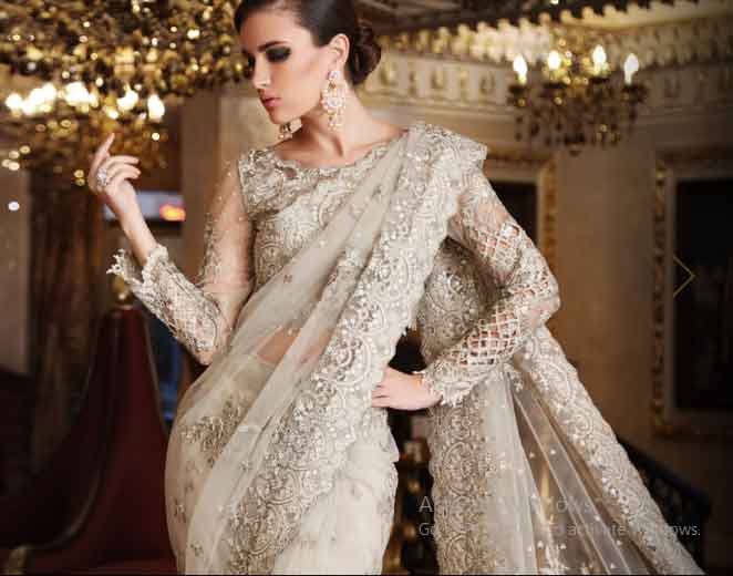 Pakistani saree designs in beige color for wedding brides