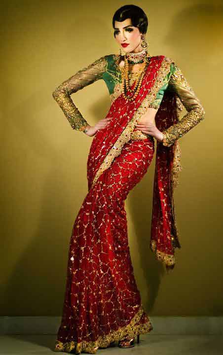 Pakistani saree designs in red and green colors for wedding brides