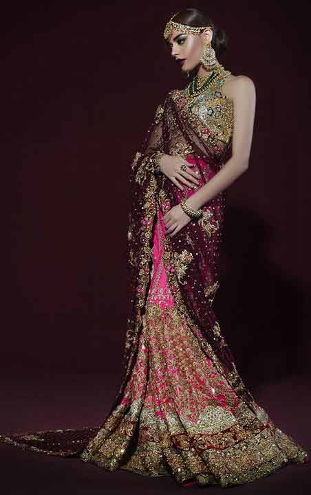 Pakistani saree designs in magenta and pink colors for wedding brides