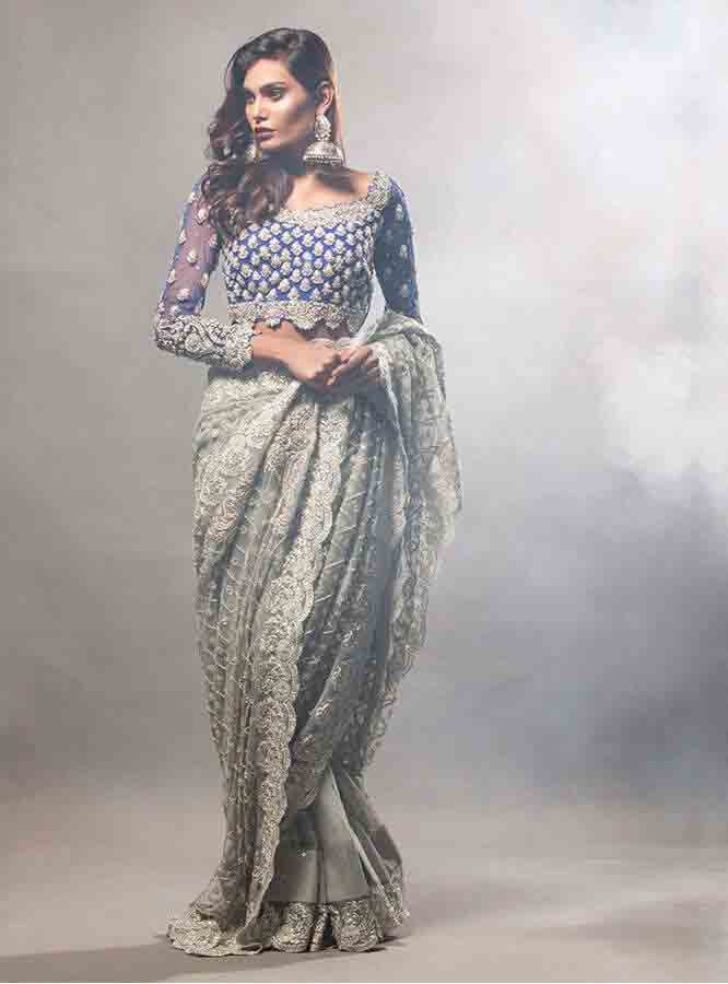 Pakistani saree designs in ash grey and blue color combination for wedding brides