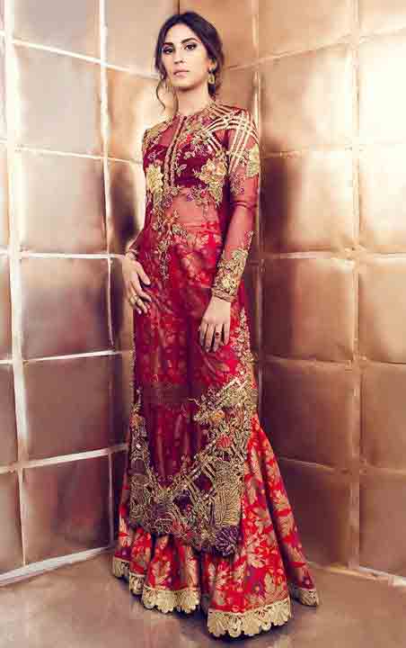 Pakistani saree designs in red and golden color combinations for wedding brides