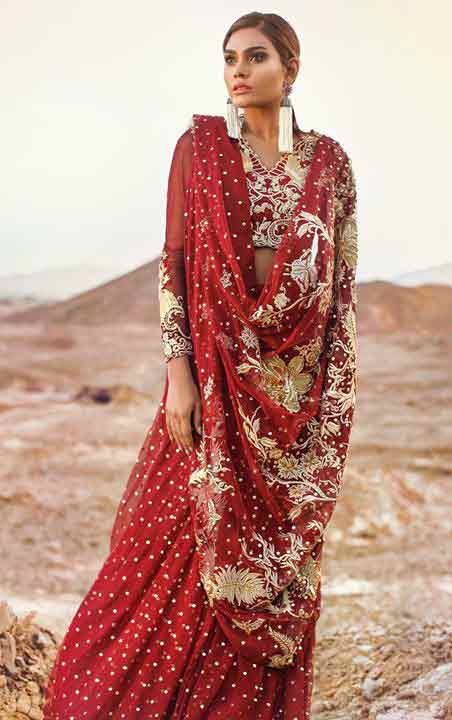 Pakistani saree designs in red color with embroidery for wedding brides