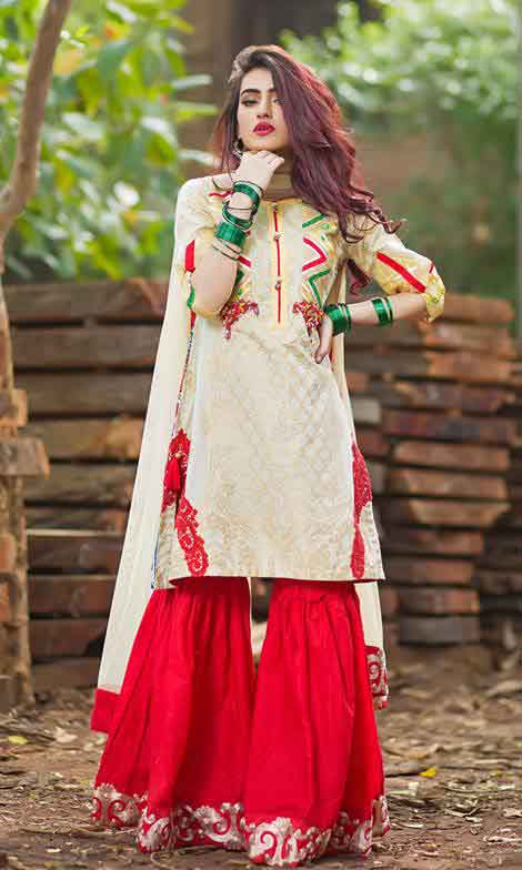 New white shirt with red gharara by Zahra Ahmad Eid dresses for girls in Pakistan