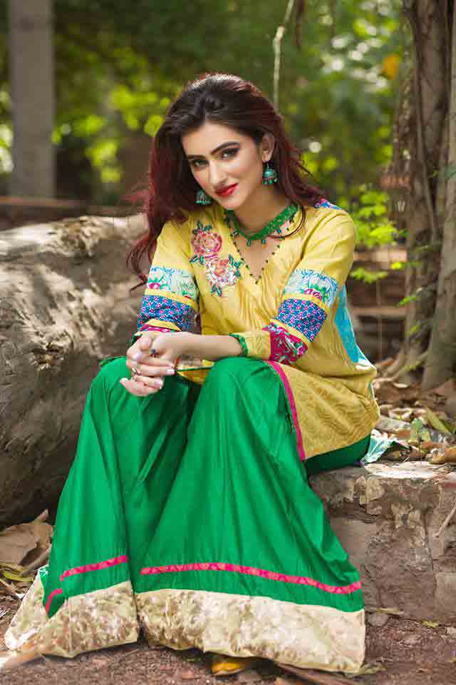 New green sharara and yellow shirt by Zahra Ahmad Eid dresses for girls in Pakistan