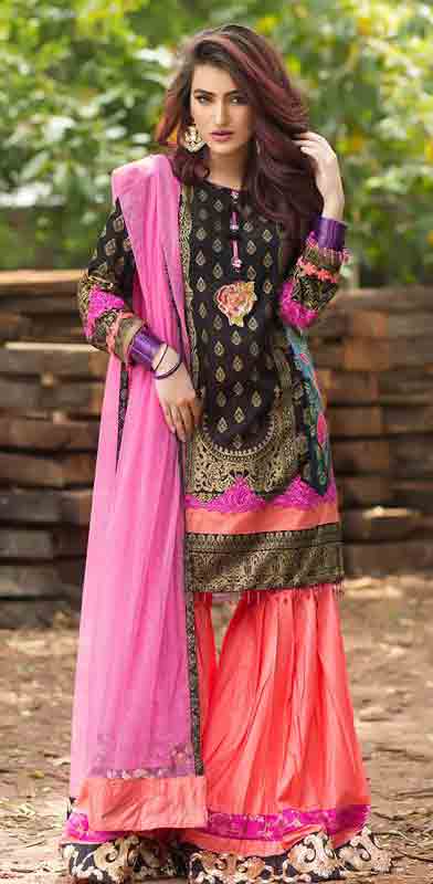 Latest black short shirt with matching pink dupatta and orange shalwar by Zahra Ahmad Eid dresses for girls in Pakistan