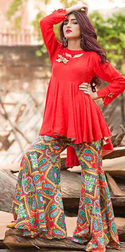 New red short frock with multicolor sharara Zahra Ahmad Eid dresses for girls in Pakistan