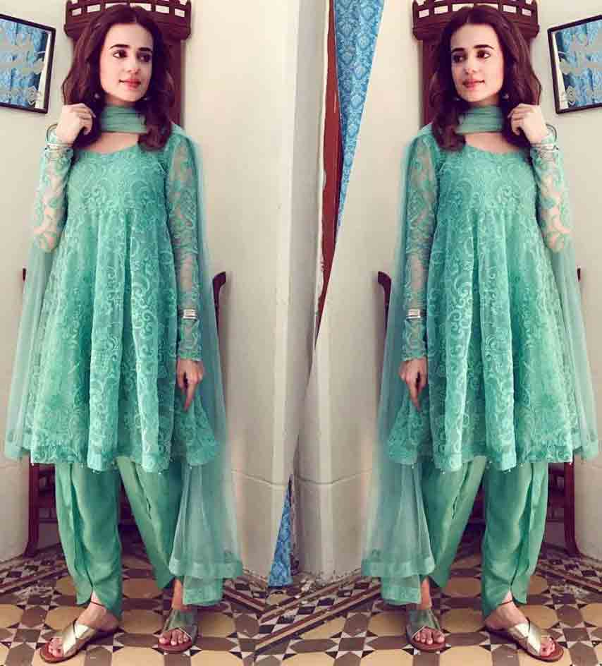 Best sky blue party short frock with matching dupatta and shalwar Zahra Ahmad Eid dresses for girls in Pakistan