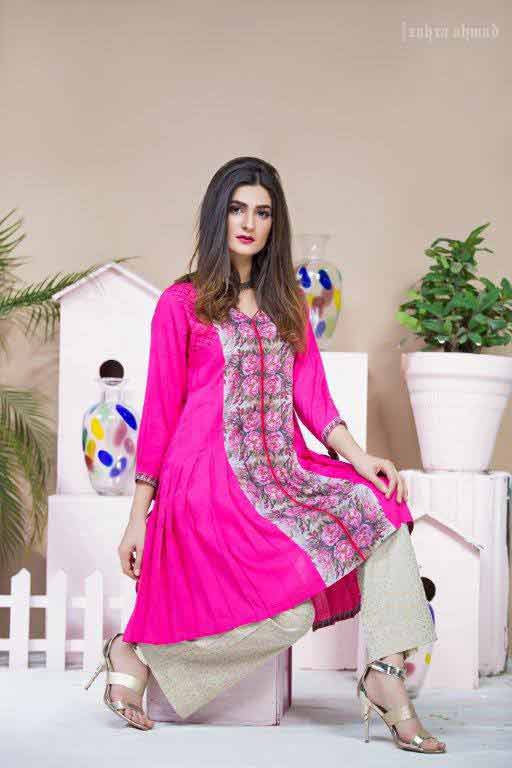 Shocking pink short frock umbrella style latest design by Zahra Ahmad Eid dresses for girls in Pakistan
