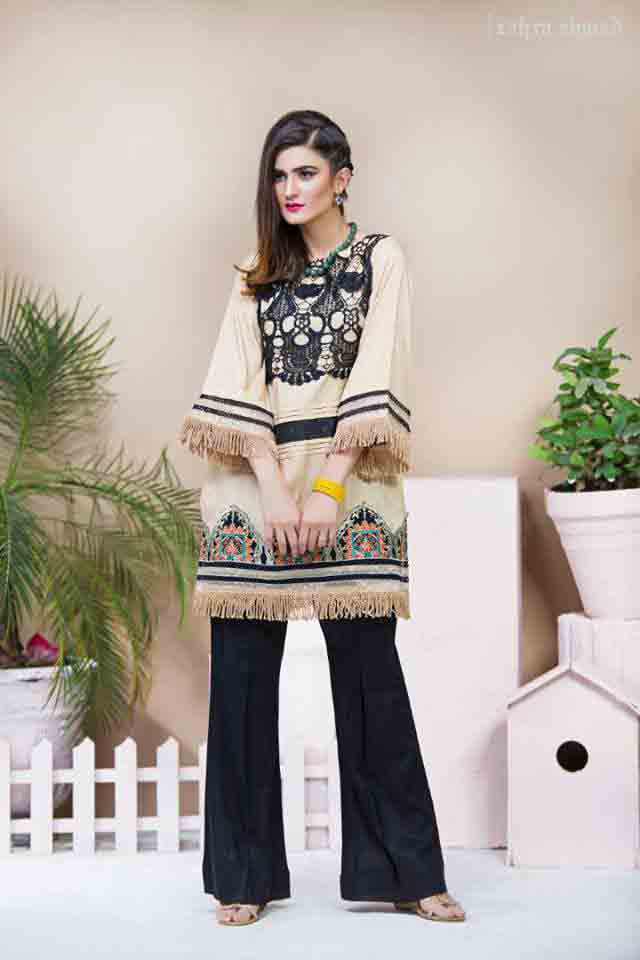 Latest style of short shirt with black trousers by Zahra Ahmad Eid dresses for girls in Pakistan