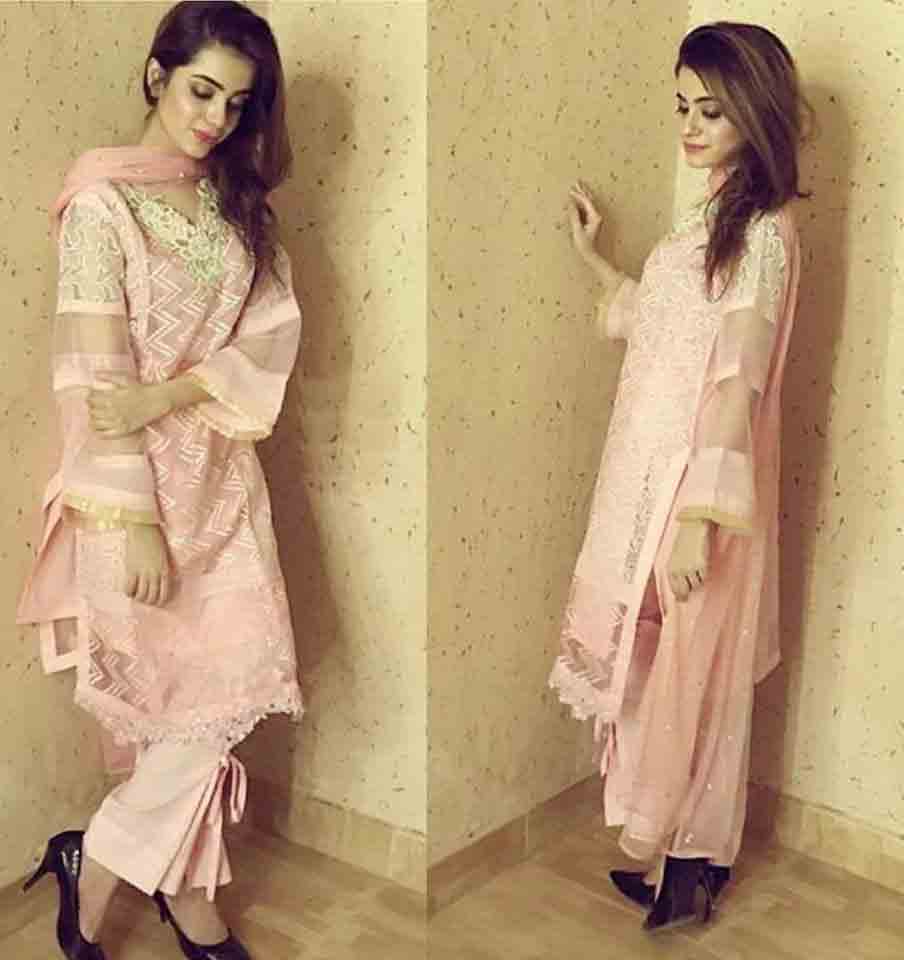 Best peach embroidered shirt with organza Zahra Ahmad Eid dresses for girls in Pakistan