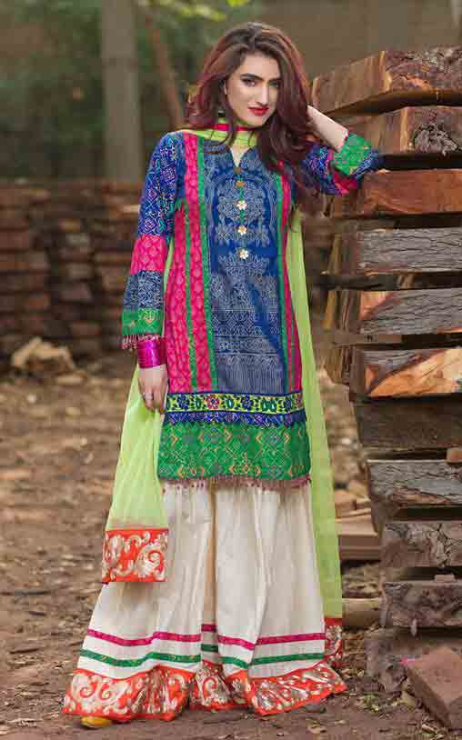 Blue shirt with white sharara an dgreen dupatta by Zahra Ahmad Eid dresses for girls in Pakistan