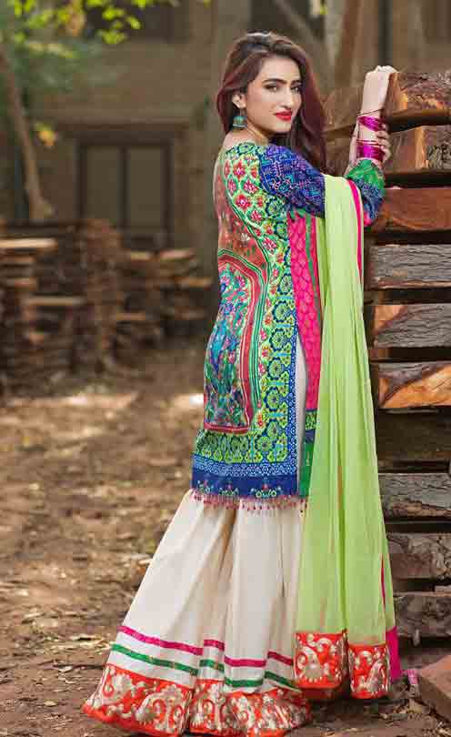 Best blue short shirt with white sharara and light green dupatta by Zahra Ahmad Eid dresses for girls in Pakistan