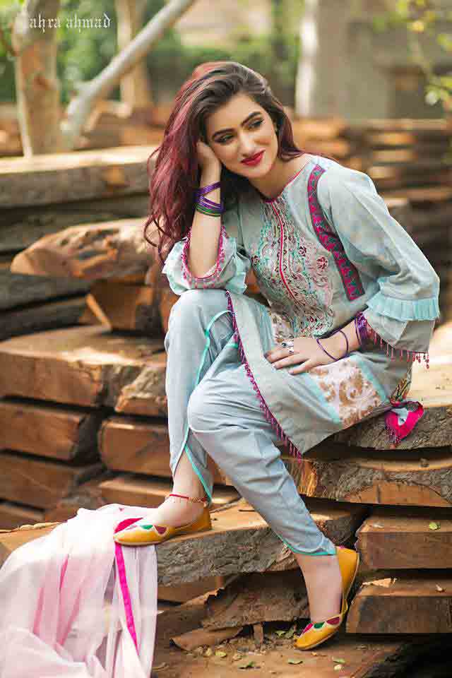 Sky blue short shirt by Zahra Ahmad Eid dresses for girls in Pakistan