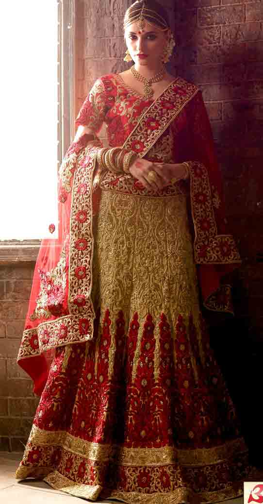 Golden and red Indian bridal wedding lehenga choli 2017