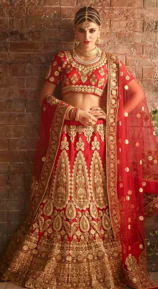 Red and golden Indian bridal wedding lehenga choli 2017