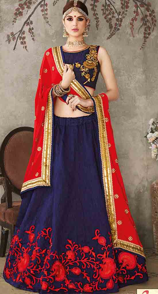 Red and blue Indian bridal wedding lehenga choli 2017