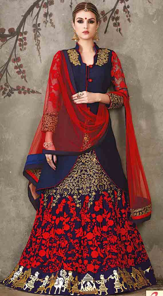 Blue and red Indian bridal wedding lehenga choli 2017