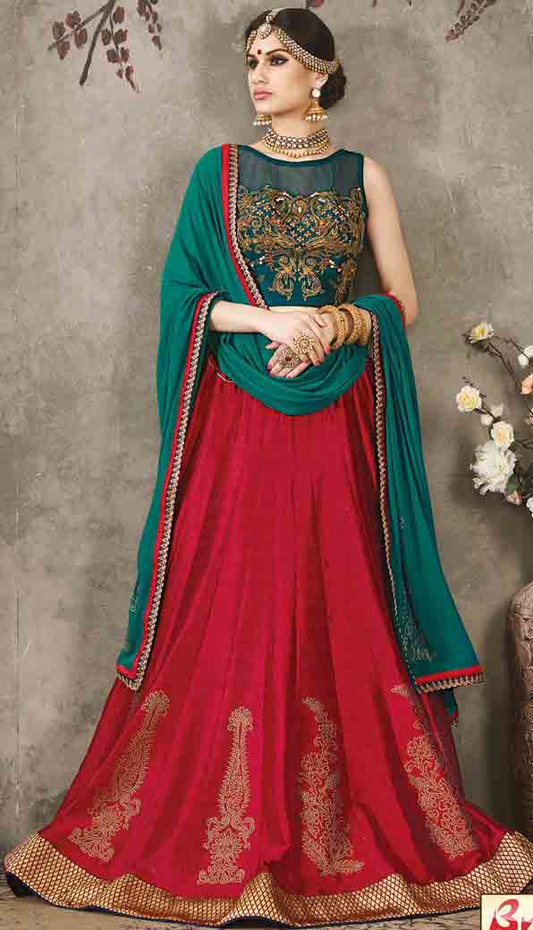 Red and green Indian bridal wedding lehenga choli 2017