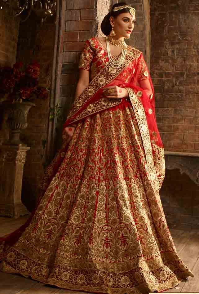 Red and golden Indian bridal wedding lehenga choli 2017
