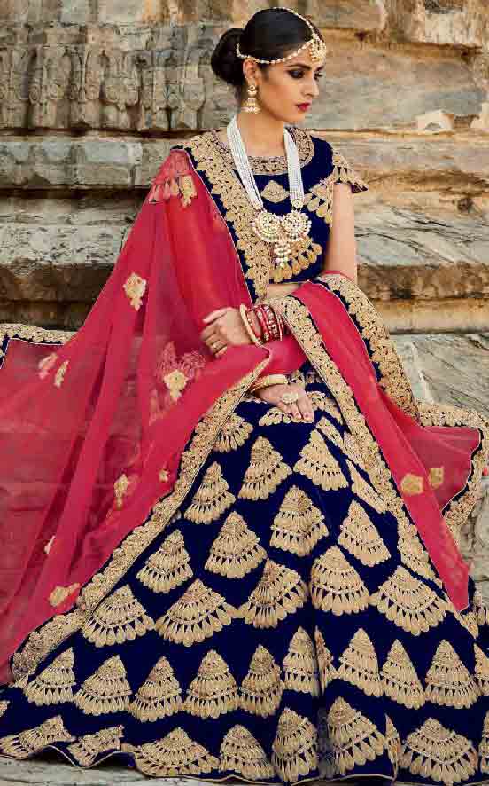 Red and blue Indian bridal wedding lehenga choli 2017