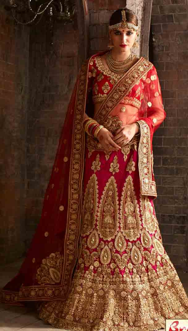 Red and golden Indian bridal wedding lehenga choli 2017