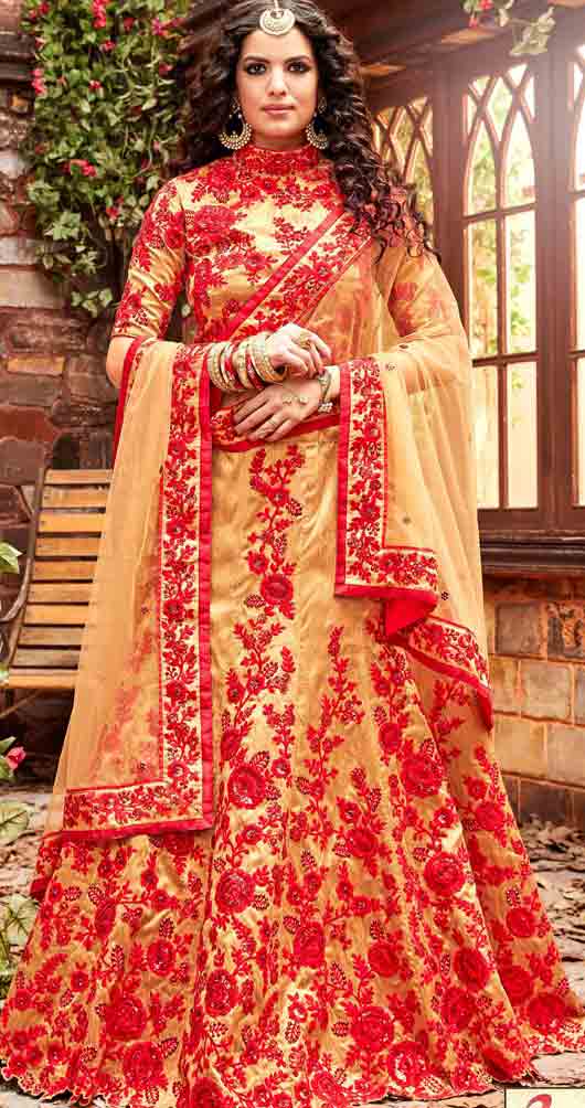 Yellow and red Indian bridal wedding lehenga choli 2017