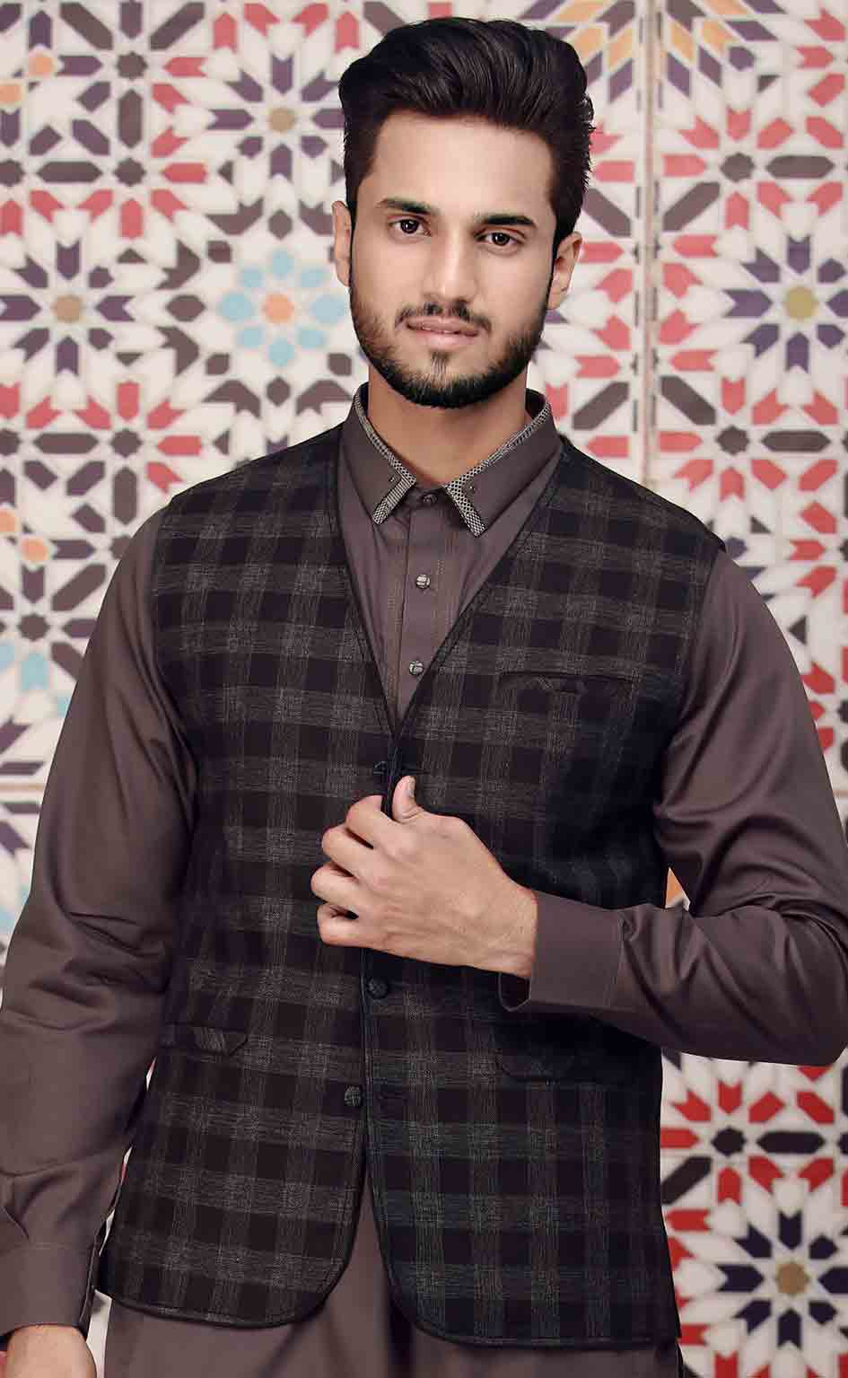 Black waistcoat designs 2017 with dark brown kurta for boys in Pakistan