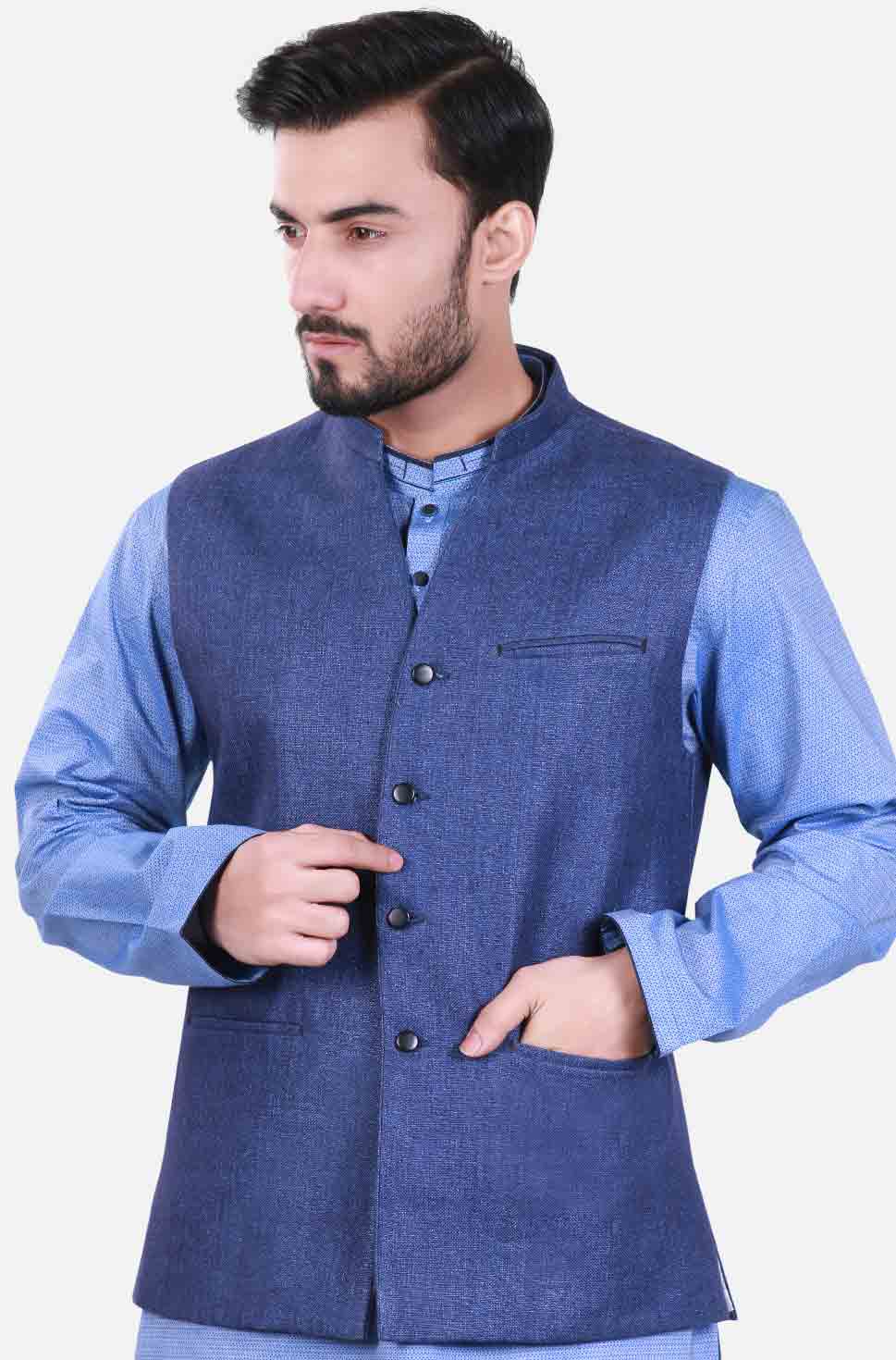 Blue waistcoat designs 2017 with sky blue kurta for boys in Pakistan