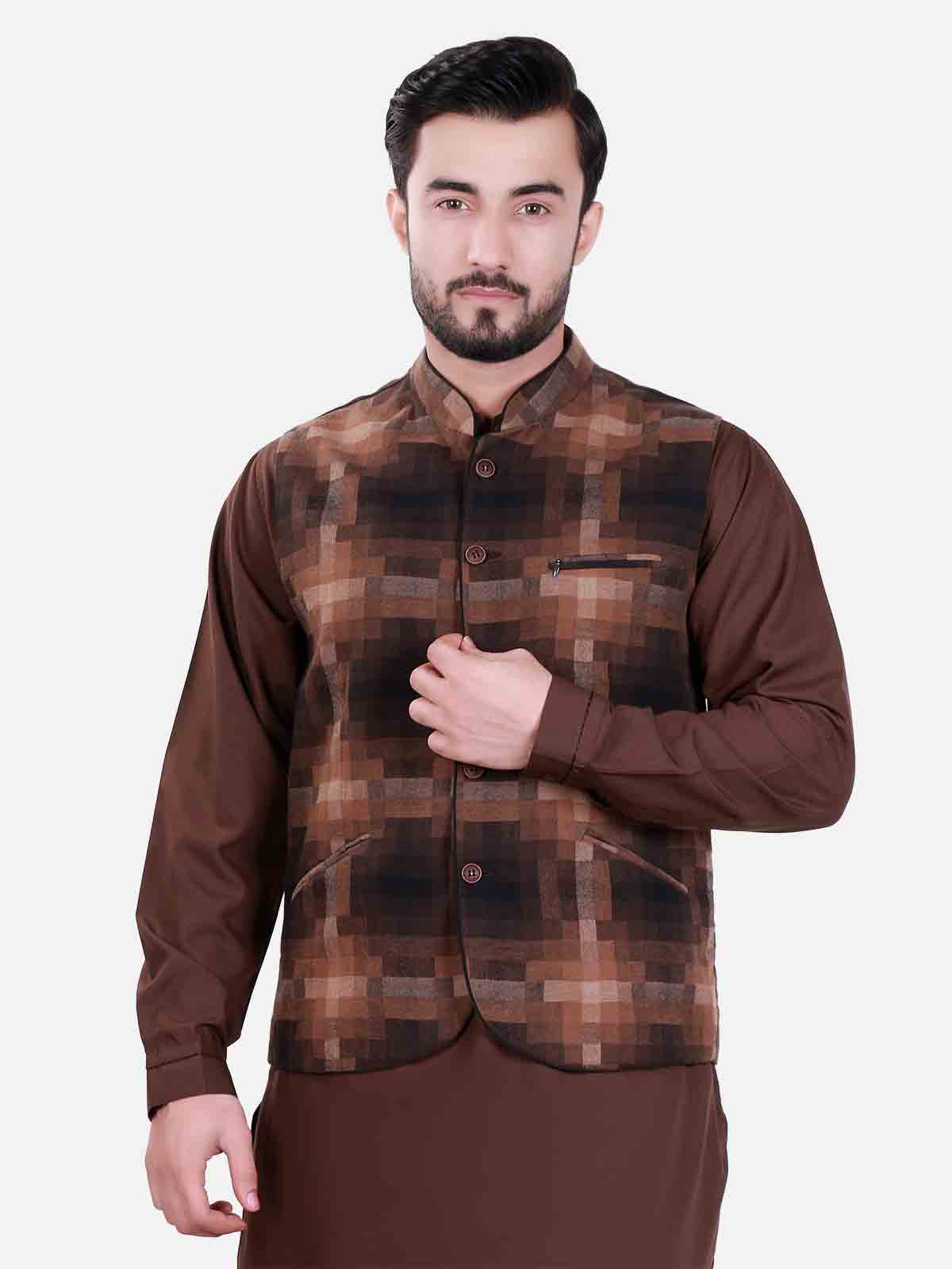 Brown and black waistcoat designs 2017 with brown kurta for boys in Pakistan
