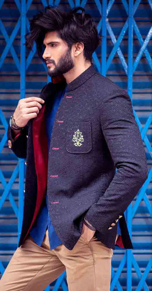 Formal blue waistcoat designs 2017 with brown pant for boys in Pakistan