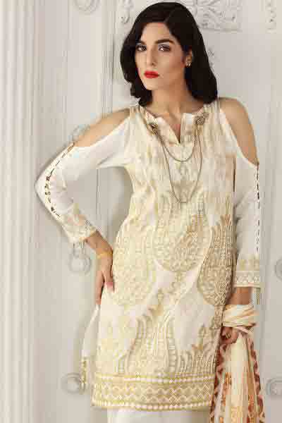 Off white peekaboo sleeves shirt with dupatta dresses for Eid ul Azha 2017 by Gul Ahmed