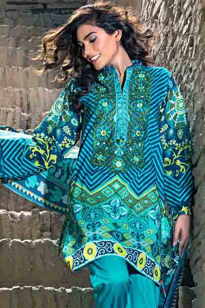 Green and blue shirt with dupatta dresses for Eid ul Azha 2017 by Gul Ahmed