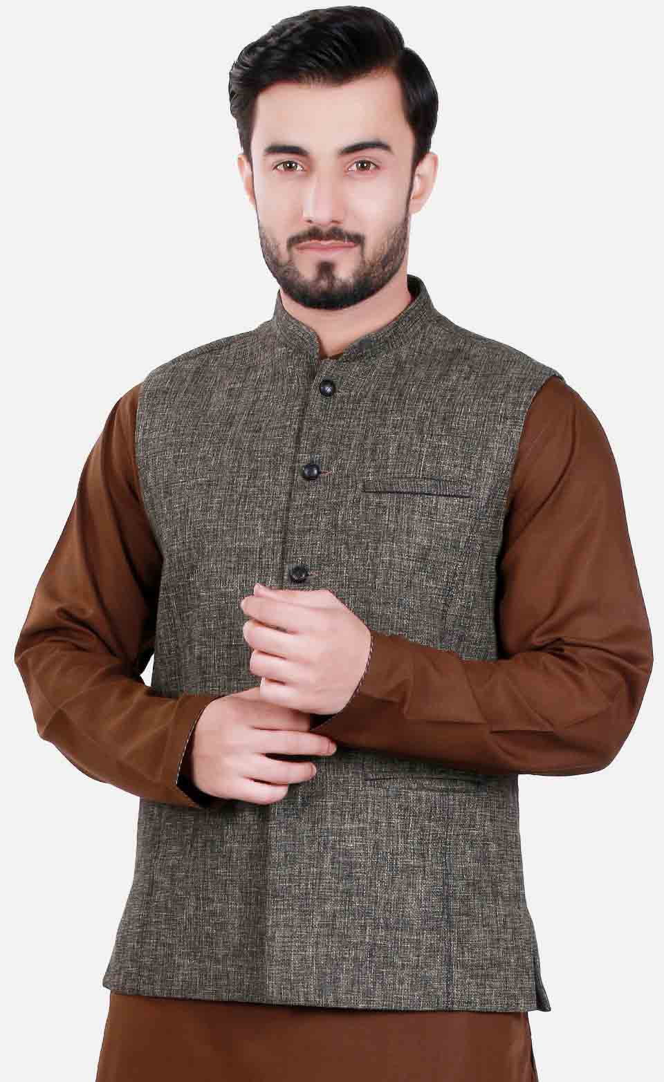 Grey waistcoat designs 2017 with brown kurta for boys in Pakistan