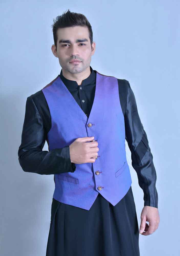 Blue waistcoat designs 2017 with black shalwar kameez for boys in Pakistan