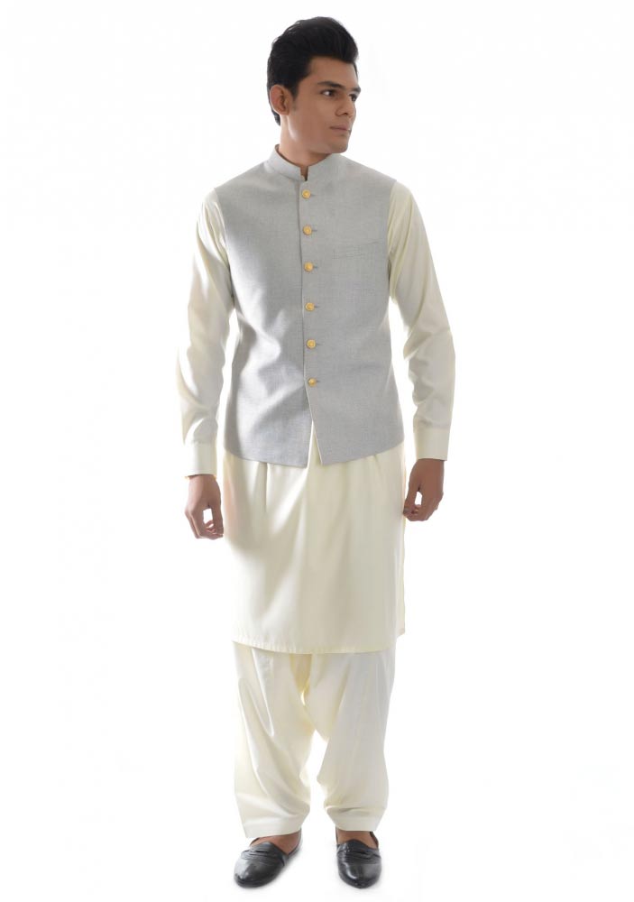 Light blue waistcoat designs 2017 with white shalwar kameez for boys in Pakistan