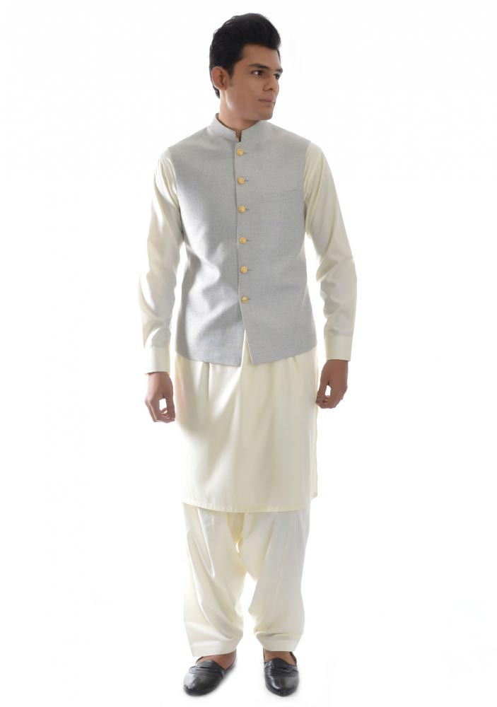 Light blue waistcoat designs 2017 with white shalwar kameez for boys in Pakistan