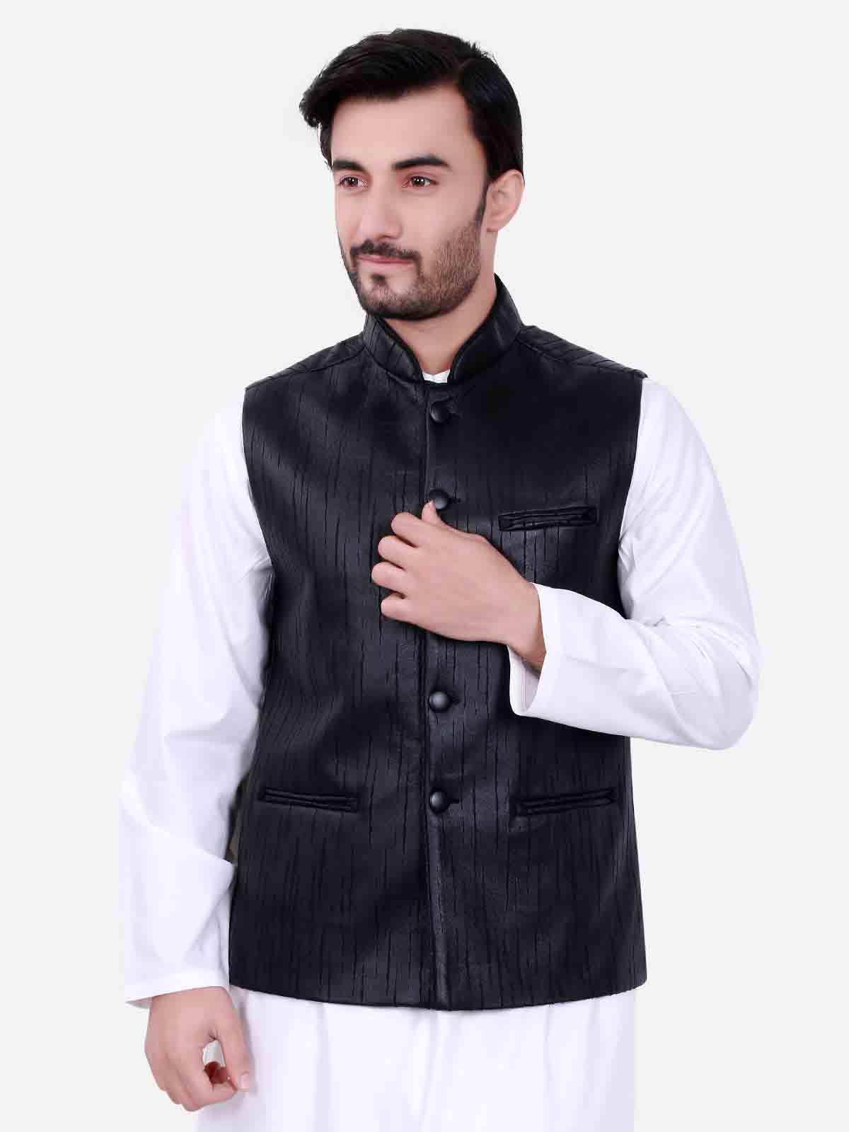 Black waistcoat designs 2017 with white kurta for boys in Pakistan