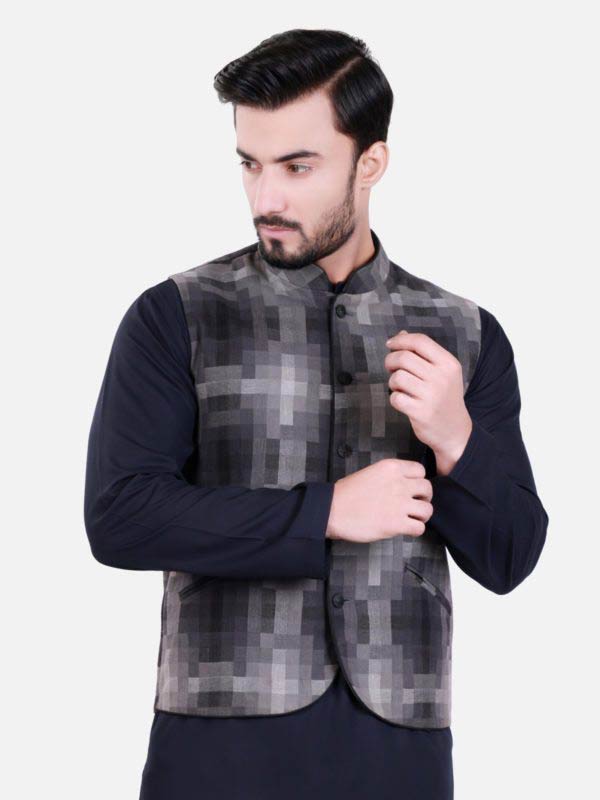 Black and grey waistcoat designs 2017 with black kurta for boys in Pakistan