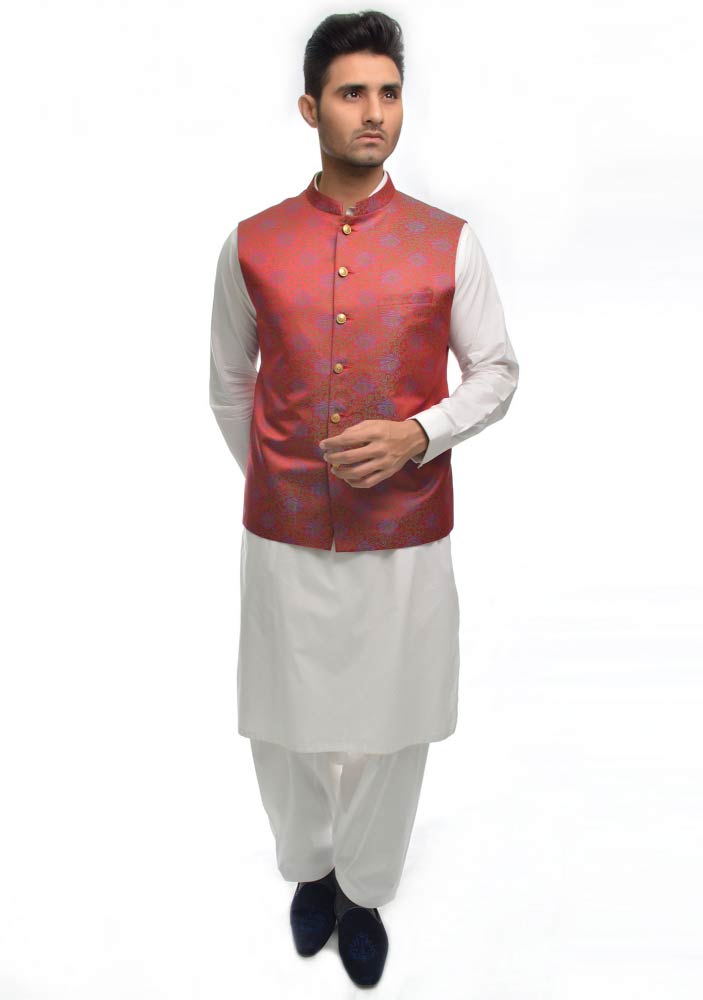 Shimmery red waistcoat designs 2017 with white shalwar kameez for boys in Pakistan