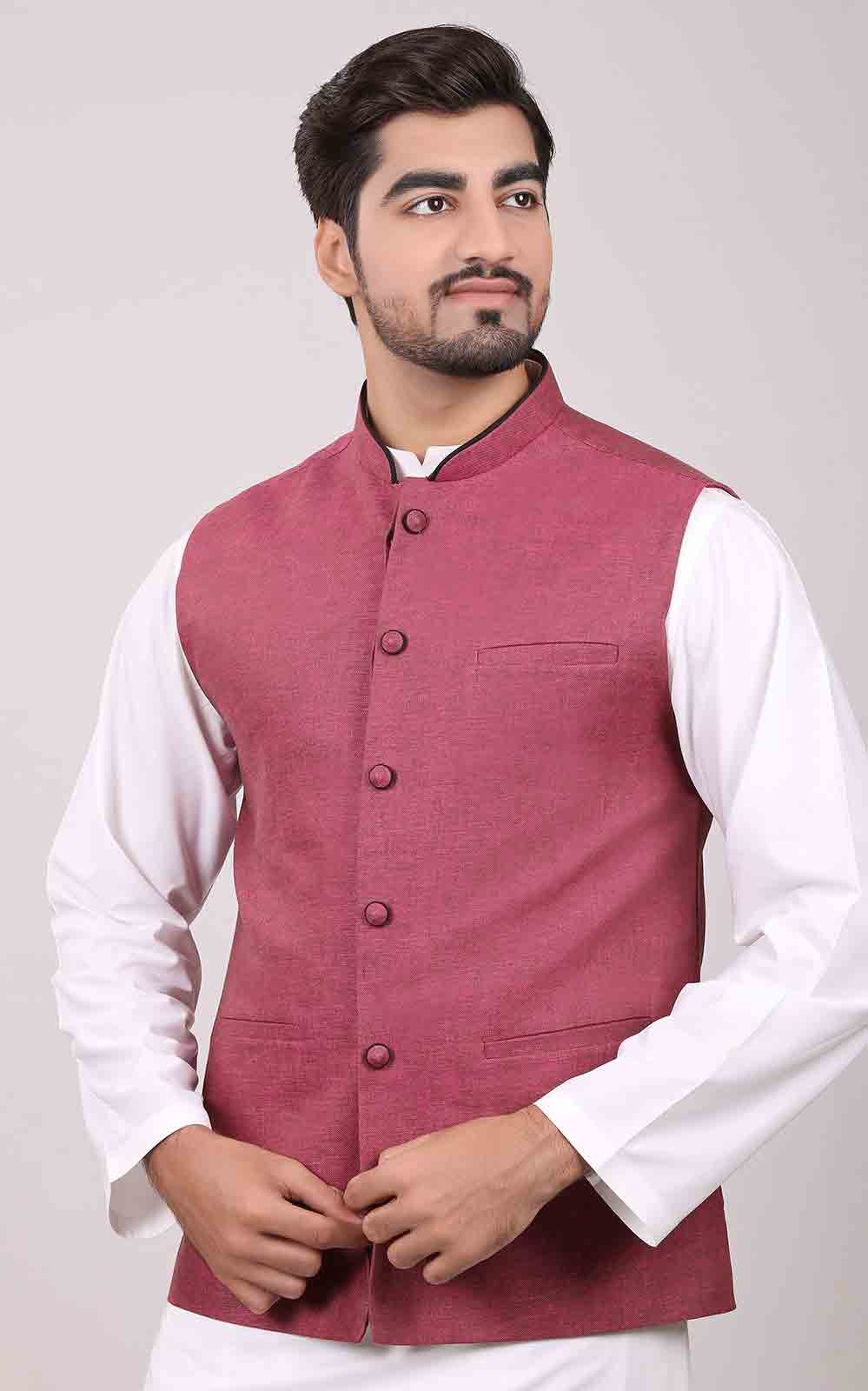 Pink waistcoat designs 2017 with white kurta for boys in Pakistan