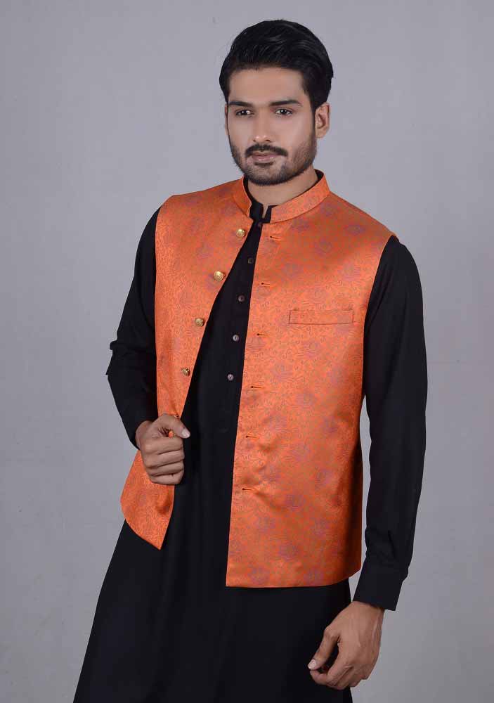 Orange waistcoat designs 2017 with black kurta for boys in Pakistan