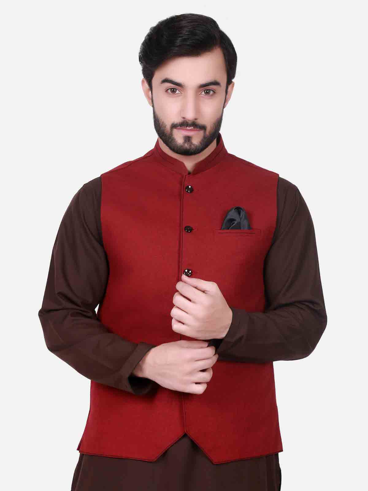 Red waistcoat designs 2017 with brown kurta for boys in Pakistan