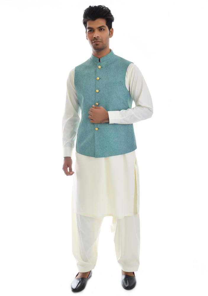 Sky blue waistcoat designs 2017 with white shalwar kameez for boys in Pakistan