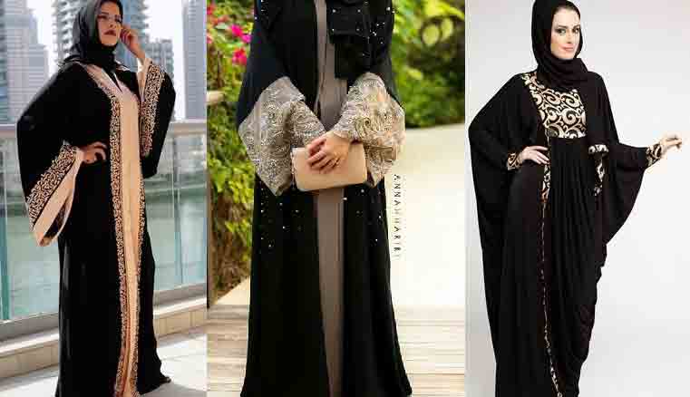 Black and white pearls adorned new stylish black abaya designs 2017 for girls