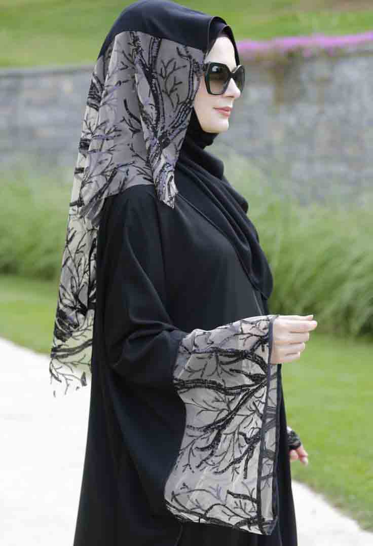 Black and gray new stylish black abaya designs 2017 for girls with hijab