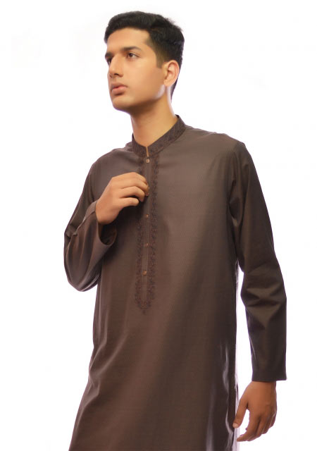 Brown cotton regular kurta designs from the collection of men dresses and shoes for fall winter 2017 by Amir Adnan