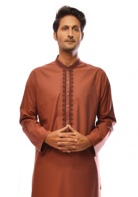 Rust cotton kurta from the collection of men dresses and shoes for fall winter 2017 by Amir Adnan