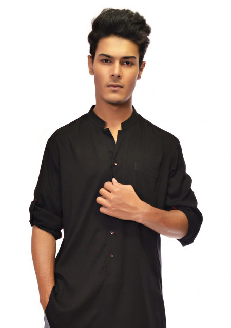 Cross daman plain black men kurta designs from the collection of men dresses and shoes for fall winter 2017 by Amir Adnan