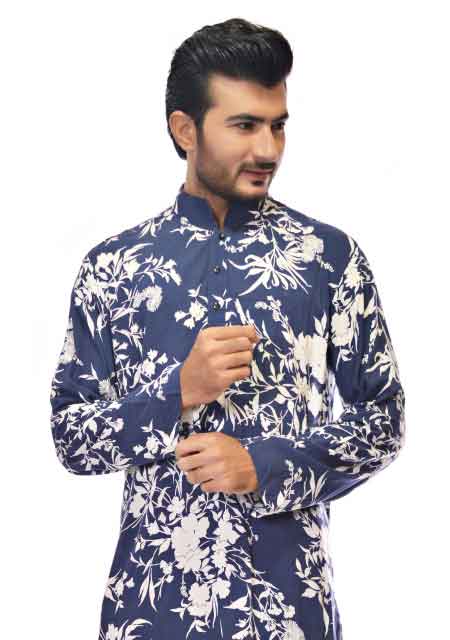 Blue slim fit plain linen kurta designs from the collection of men dresses and shoes for fall winter 2017 by Amir Adnan