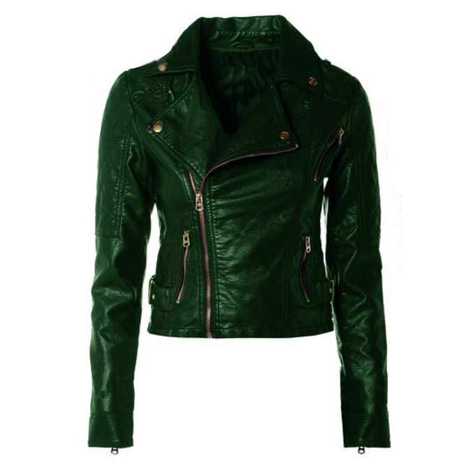 Ladies dark green zipper leather winter jackets with price in Pakistan